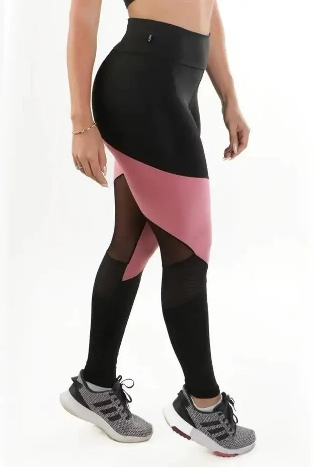 Calça Legging Cintura Alta com Detalhes em Rosé, Tulê e Tela Preto