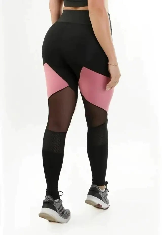 Calça Legging Cintura Alta com Detalhes em Rosé, Tulê e Tela Preto