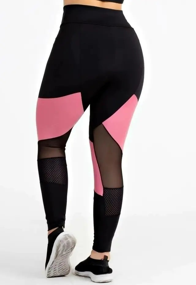 Calça Legging Cintura Alta com Detalhes em Rosé, Tulê e Tela Preto