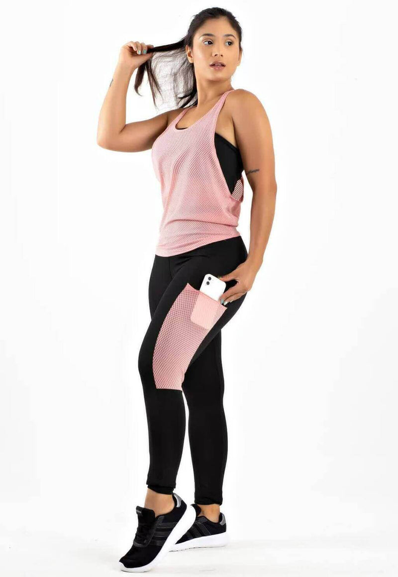 Conjunto 3 Peças Calça Legging com Bolso em Tela Dry + Regata em Tela Rosé + Top Tomara que Caia Preto
