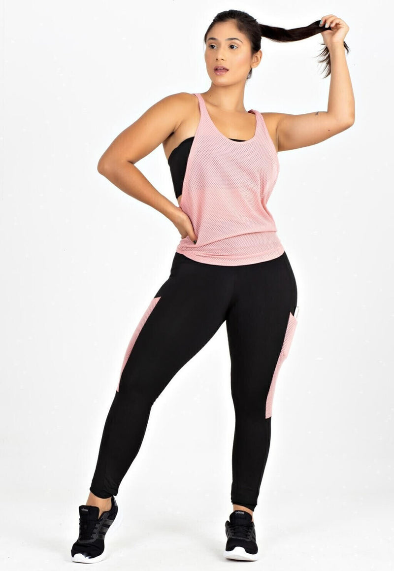 Conjunto 3 Peças Calça Legging com Bolso em Tela Dry + Regata em Tela Rosé + Top Tomara que Caia Preto