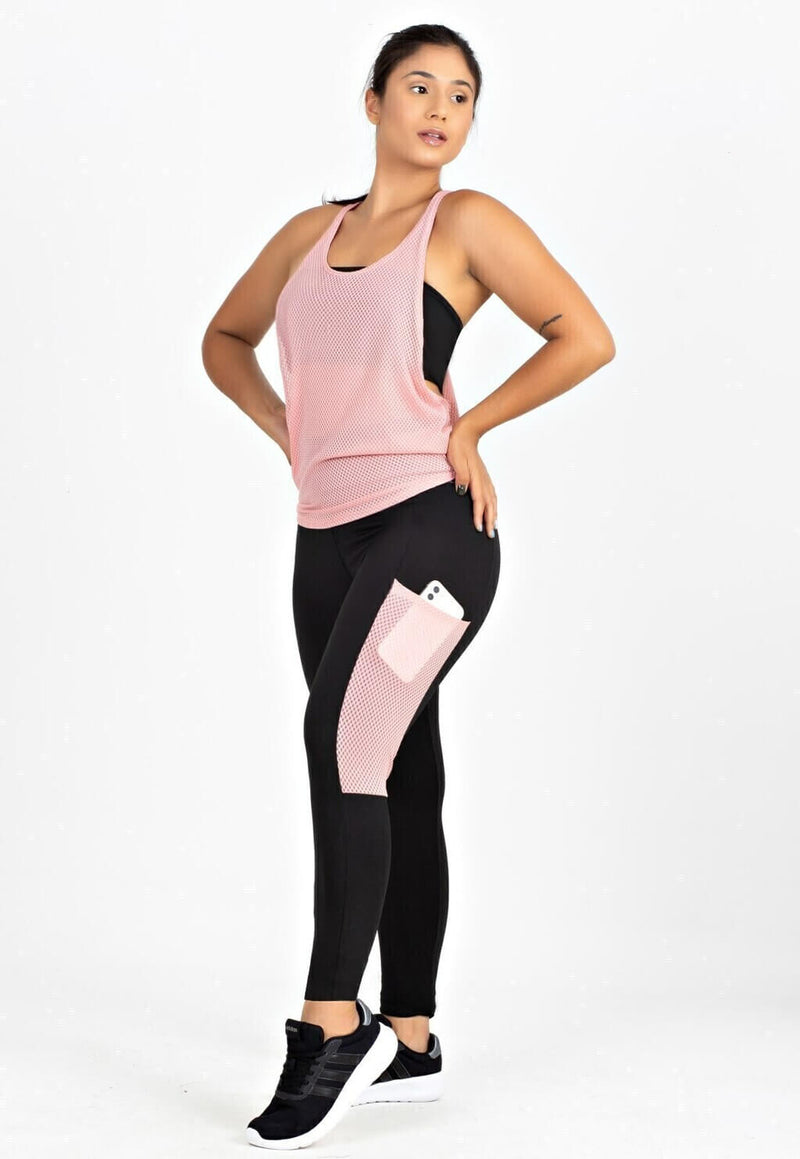 Conjunto 3 Peças Calça Legging com Bolso em Tela Dry + Regata em Tela Rosé + Top Tomara que Caia Preto