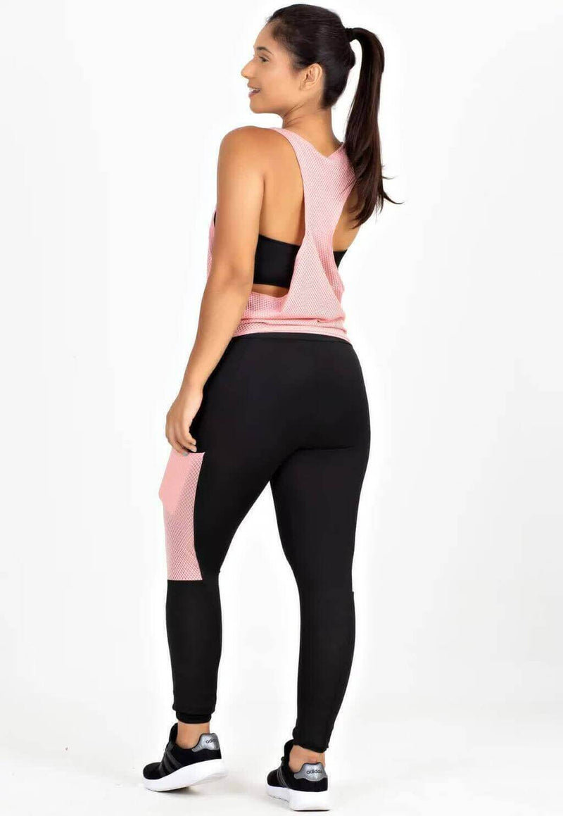 Conjunto 3 Peças Calça Legging com Bolso em Tela Dry + Regata em Tela Rosé + Top Tomara que Caia Preto