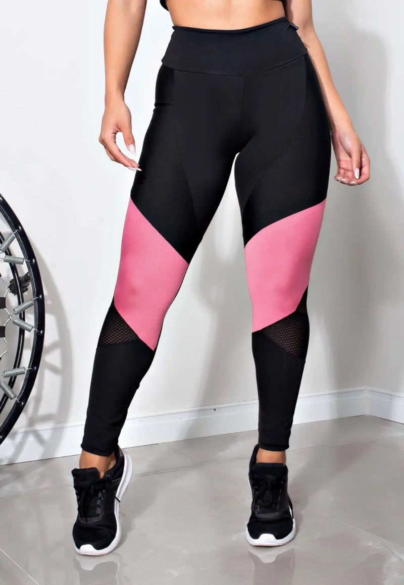 Calça Legging Cintura Alta com Detalhes em Rosé, Tulê e Tela Preto