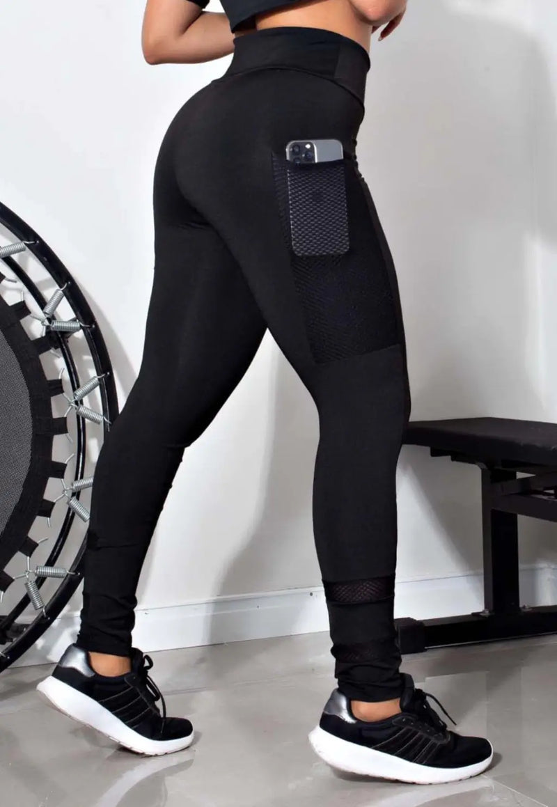 Calça Legging Preto com Bolso em Tela