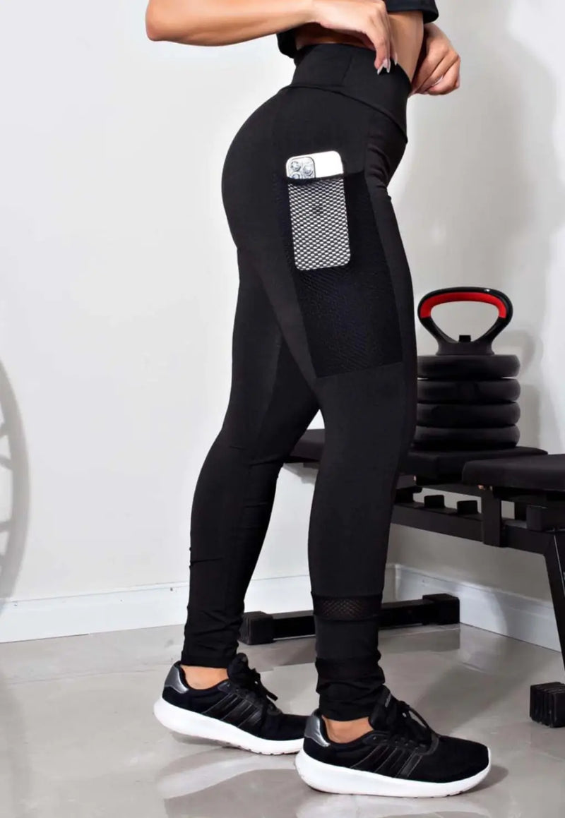Calça Legging Preto com Bolso em Tela