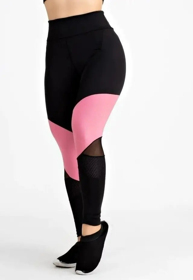 Calça Legging Cintura Alta com Detalhes em Rosé, Tulê e Tela Preto